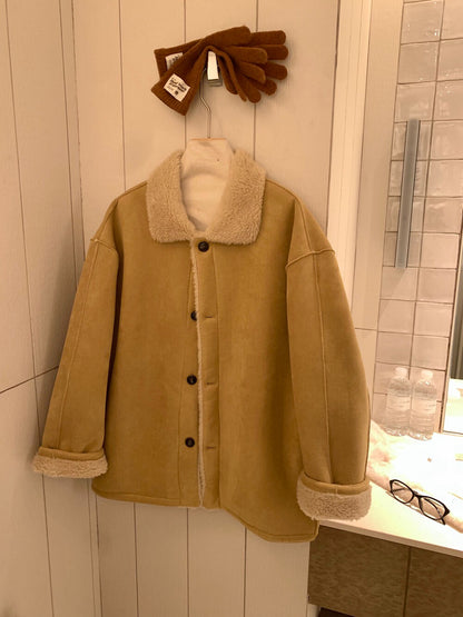 // 可雙面穿皮毛一體翻領中長外套