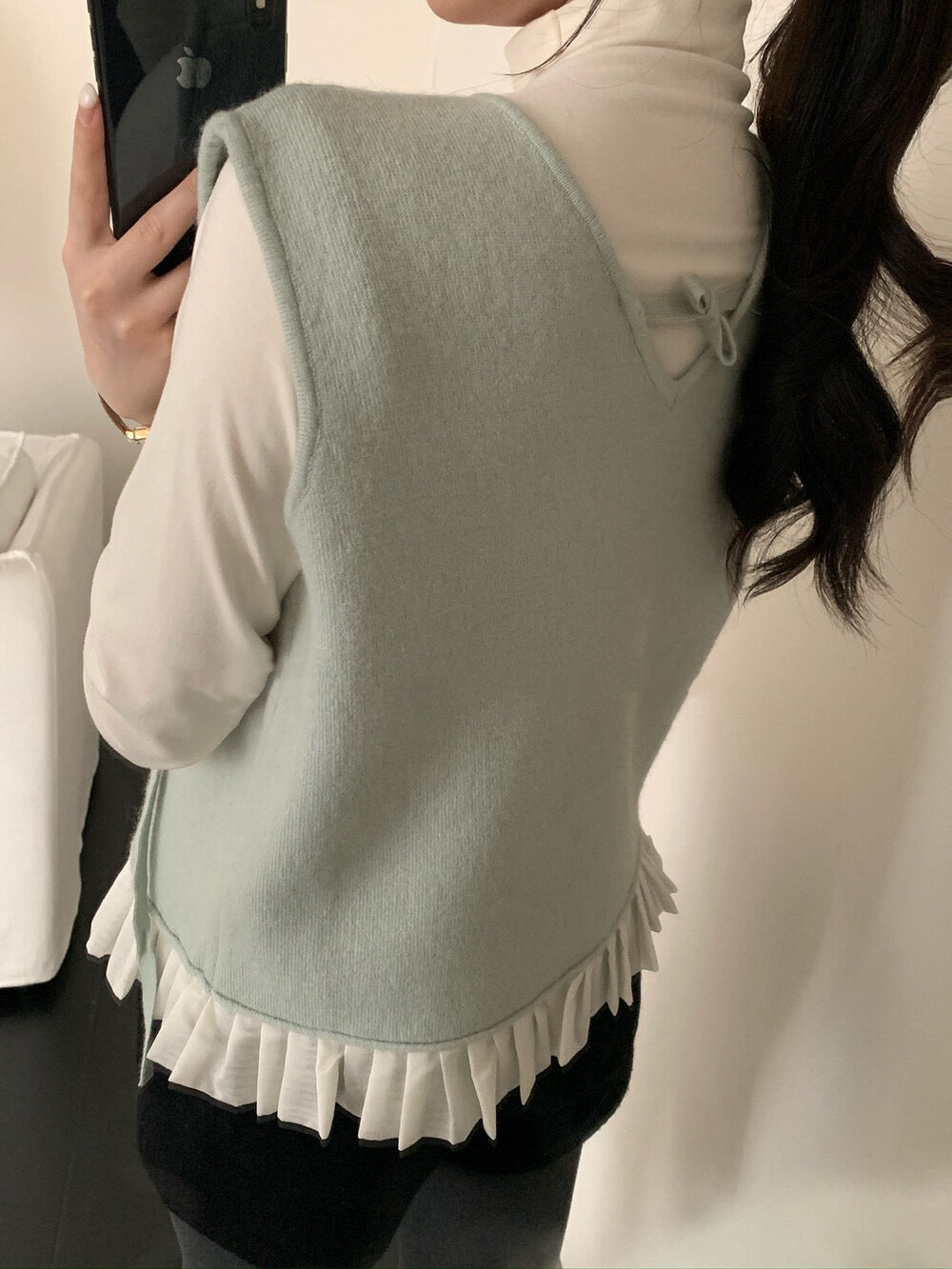 // 蝴蝶結設計拼接花邊針織背心+混羊毛打底套裝