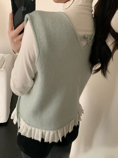 // 蝴蝶結設計拼接花邊針織背心+混羊毛打底套裝