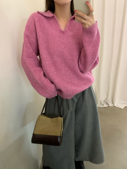// 100%羊毛極軟糯小V翻領毛衣