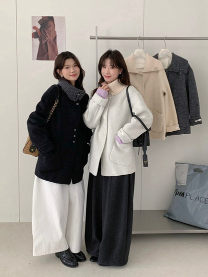 // 100%羊毛拼針織領雙面手工外套