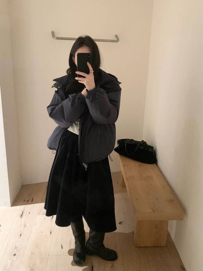 // 高腰壓褶簡約韓風中裙(連腰帶)