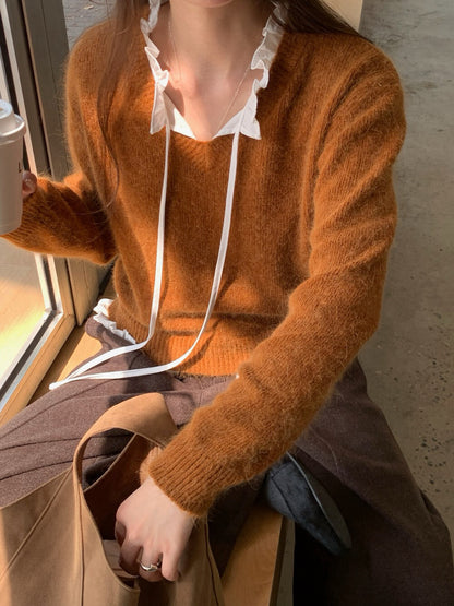 // 拼接花邊綁帶領假兩件毛衣