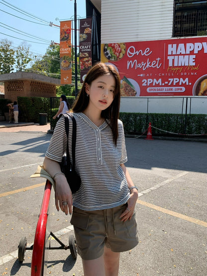 🧸 麻質混紋連帽間條針織上衣