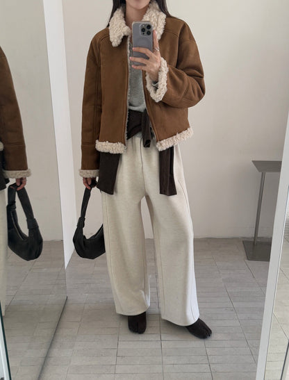 // 帥氣皮毛一體卷毛翻領外套