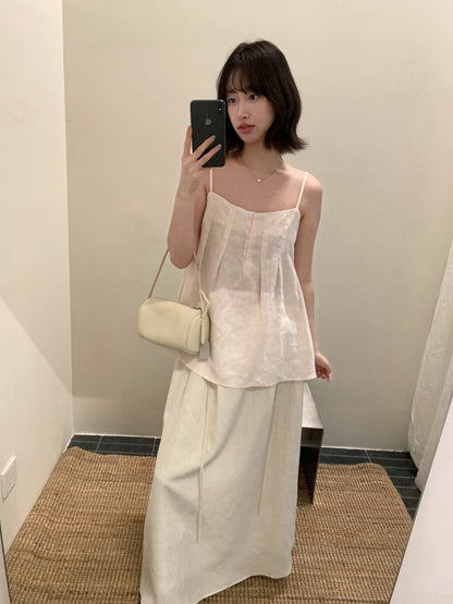 // 麻質壓褶小鈕扣吊帶