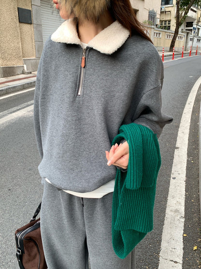// 毛毛領半拉鍊衛衣+褲套裝