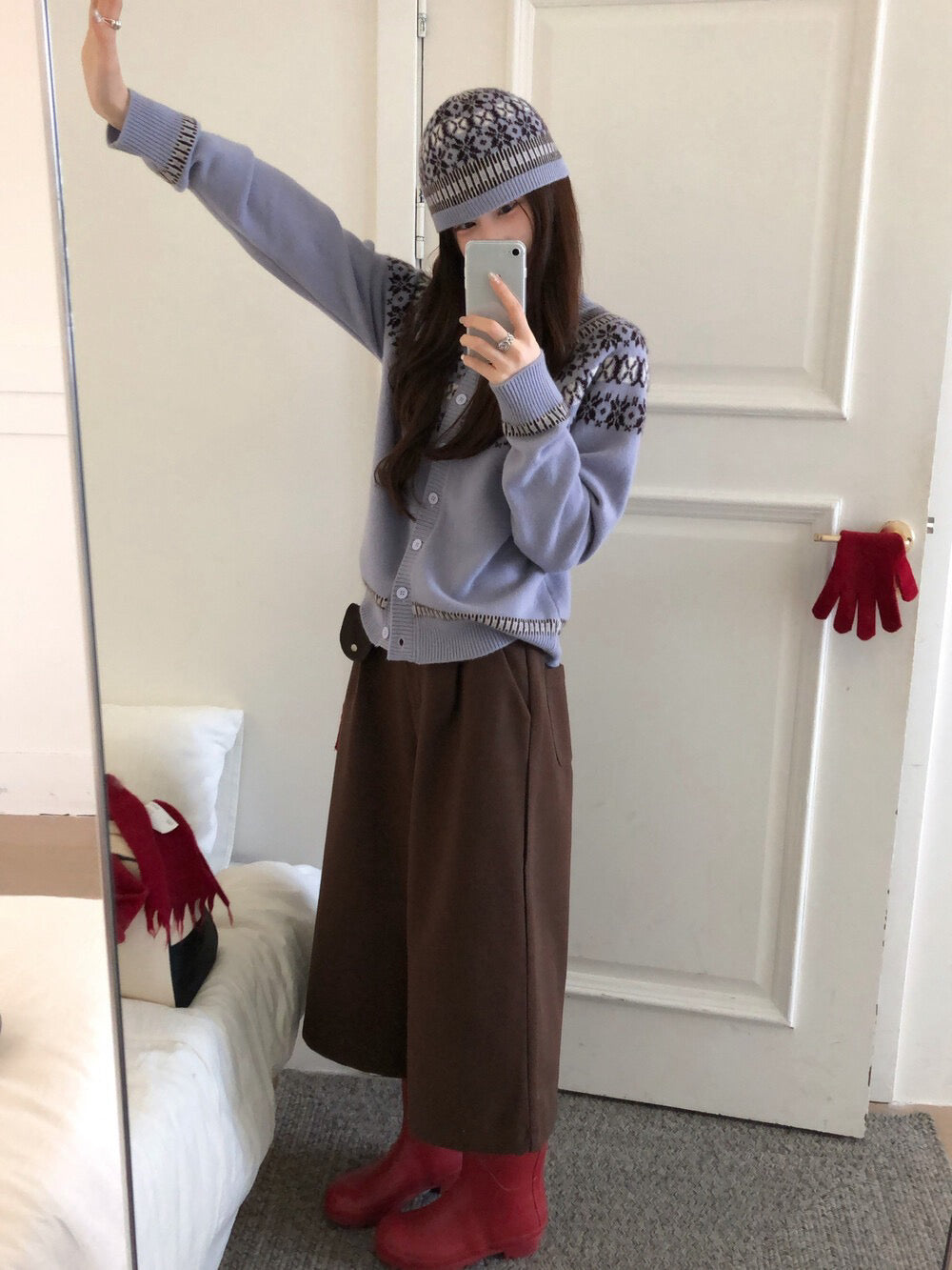 // 帥氣八分毛呢料加絨褲(連小腰包+腰帶)