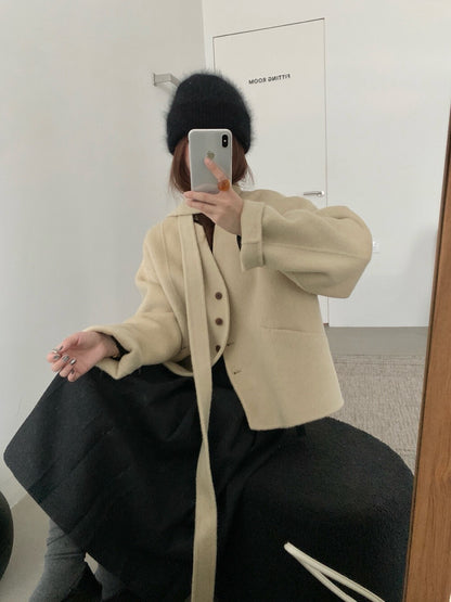 // 100%雙面羊毛handmade小V領連領帶外套