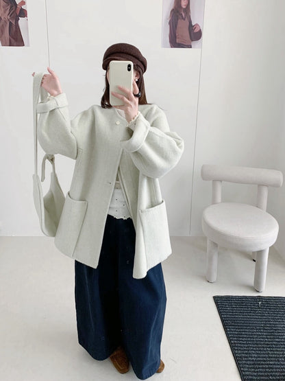 // 100%wool圓領大袋雙面毛呢外套(連袋仔)