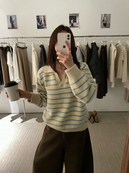 // 復古配色小V翻領間條毛衣