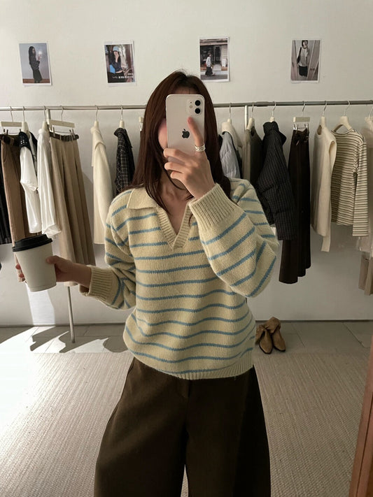 // 復古配色小V翻領間條毛衣