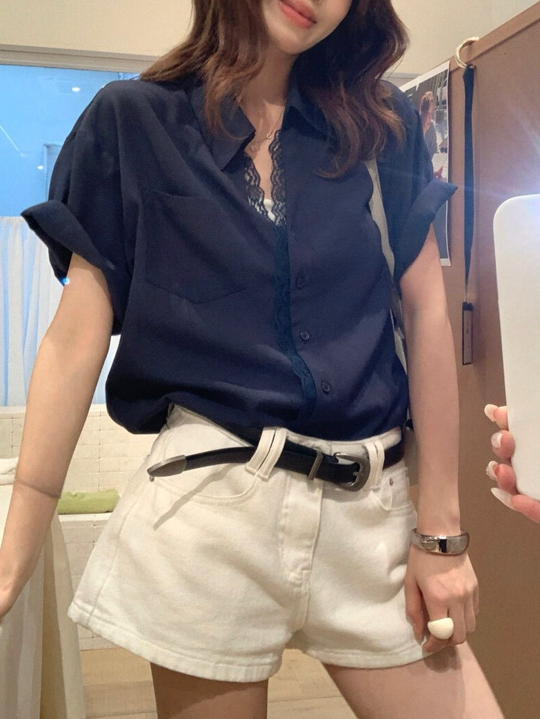 // 拼接lace邊翻領恤衫