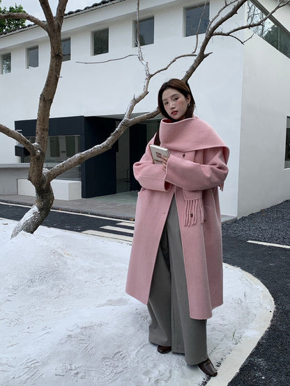 // 100%wool簡約圓領手工雙面長外套(連頸巾)