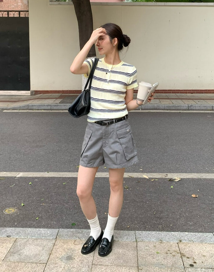 // 極顯瘦圓領小鈕扣間條短袖NT