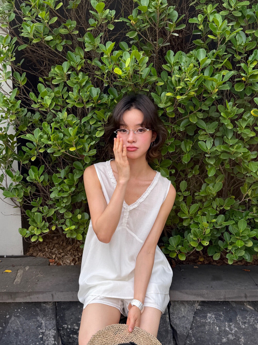// lyocell麻木耳花邊背心+綁腰短褲套裝