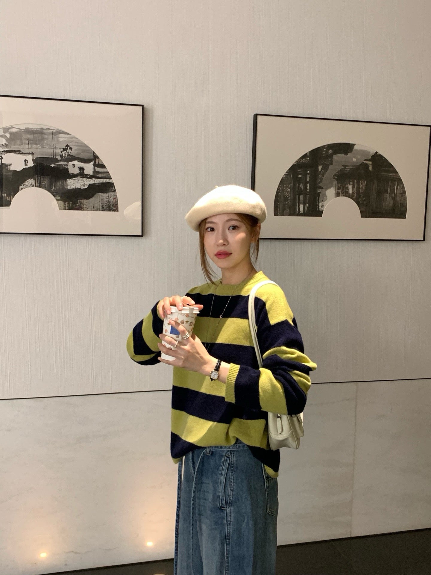 // 撞色粗間條100%羊毛圓領毛衣