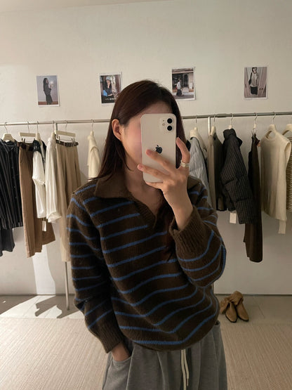 // 復古配色小V翻領間條毛衣