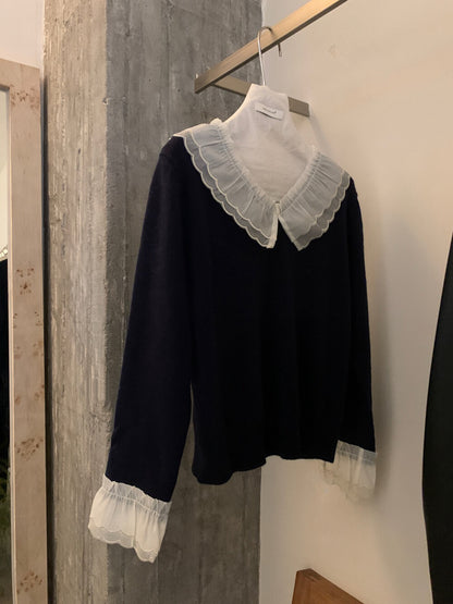 // 拼接花邊lace領+袖混羊毛NT