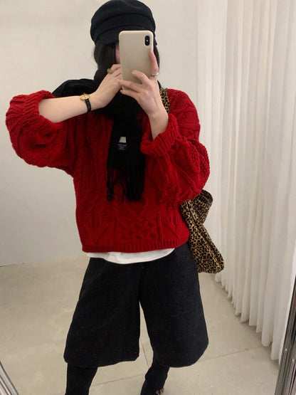 // 超美麻花織紋圓領套頭毛衣