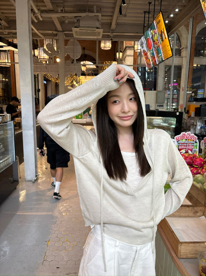 🧢 假兩件拼接連帽薄款針織衫￼