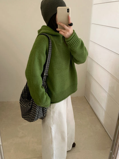 // 粗織紋領位連帽卷卷邊毛衣