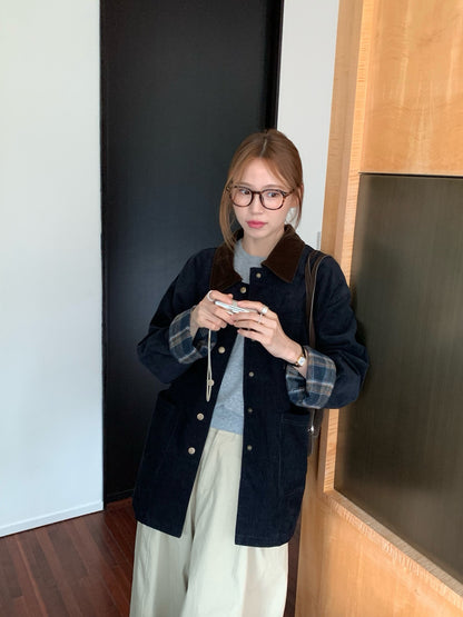 // 絨面領拼燈芯絨格紋拼布中長外套