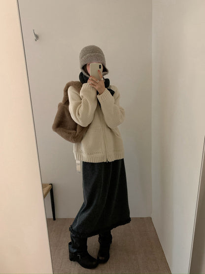 // 大口袋翻領粗棒織拉鍊CD