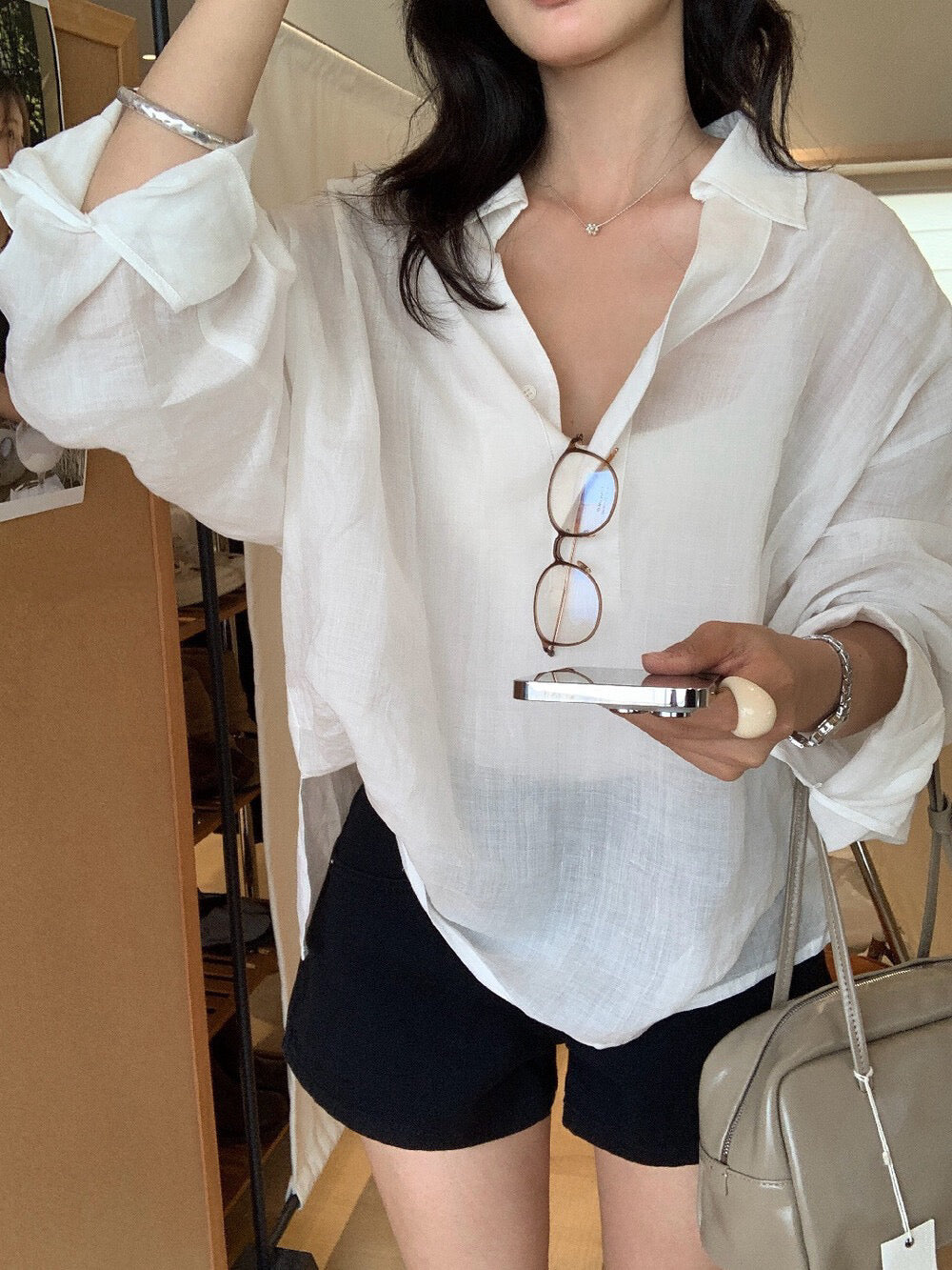 // 100%麻半鈕扣翻領透氣BL