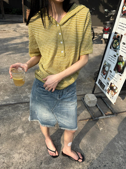 🧸 麻質混紋連帽間條針織上衣