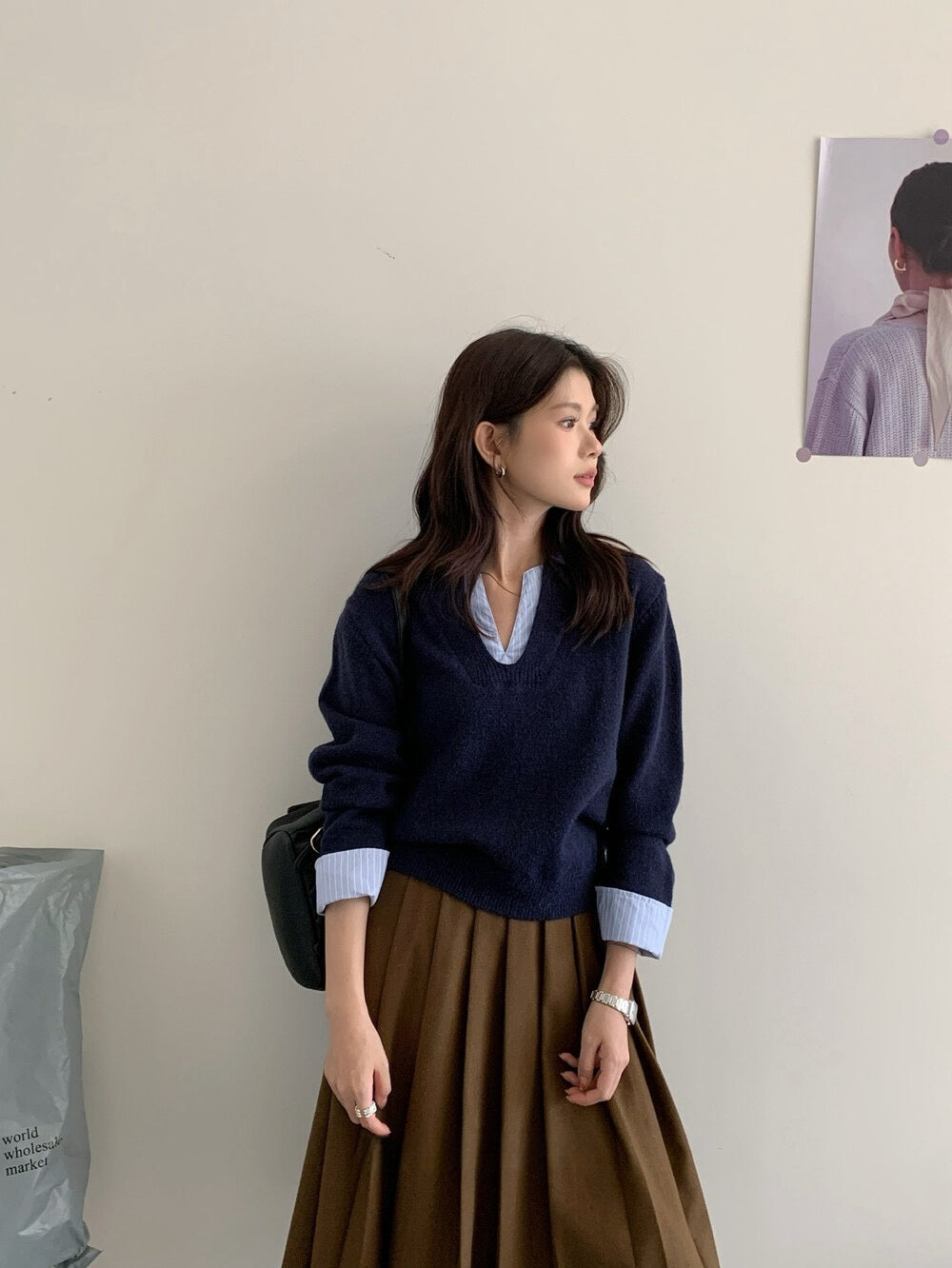 // 設計感拼接恤衫針織上衣