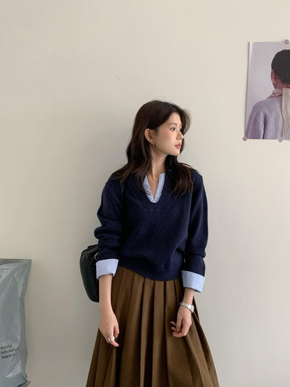 // 設計感拼接恤衫針織上衣