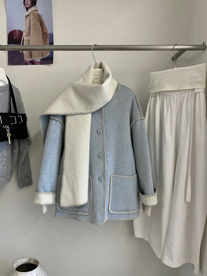 // 可雙面穿撞色縫邊70%羊毛外套(連頸巾)