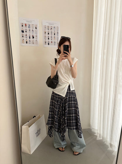 // 小飛袖不規則皺褶TEE