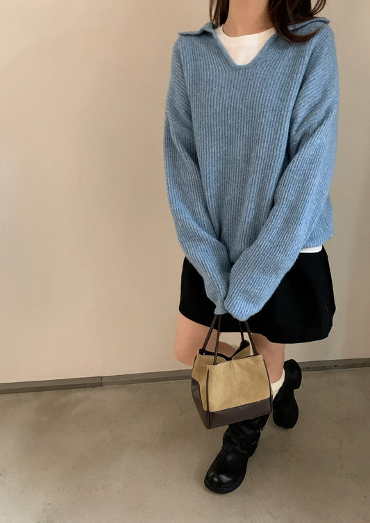 // 100%羊毛極軟糯小V翻領毛衣