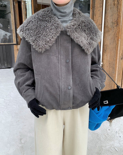 // 設計感毛毛大翻領夾棉短款JK