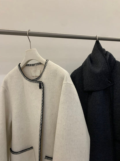 // 100%羊毛撞色鎖邊手工外套(連頸巾)