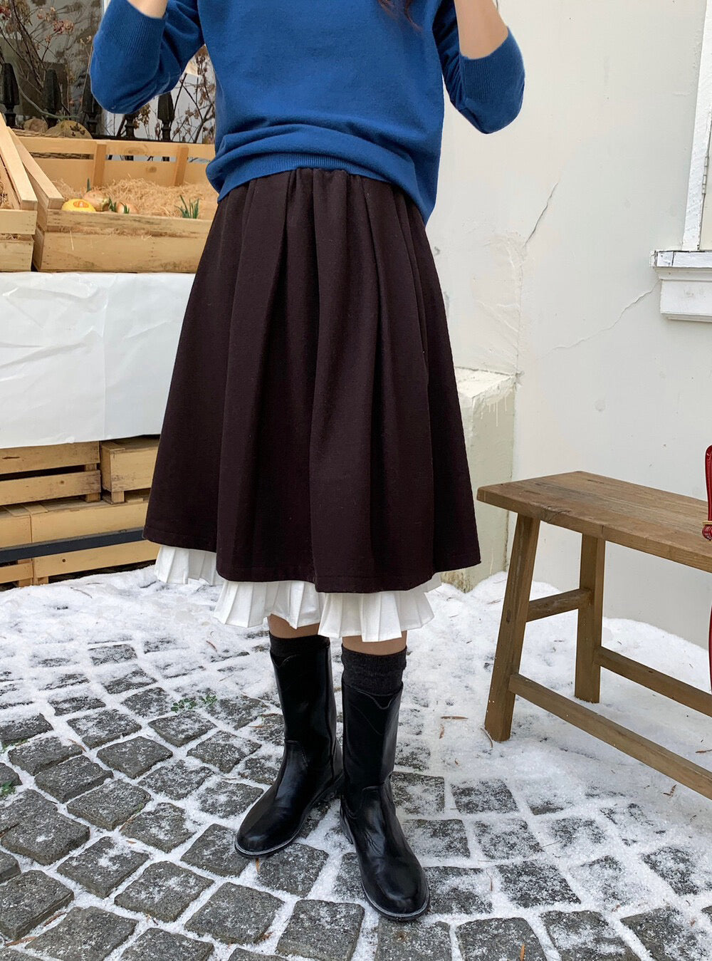 // 裙頭位超美拼接百褶腳50%羊毛中裙