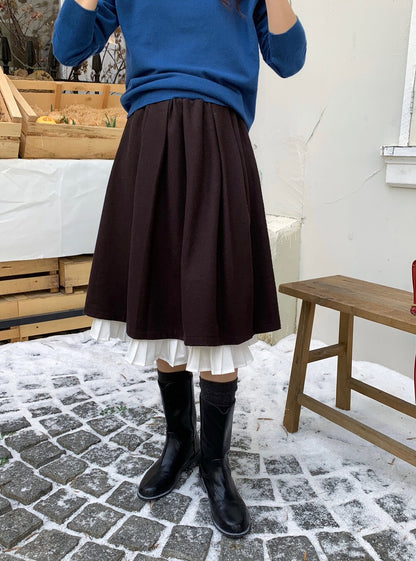 // 裙頭位超美拼接百褶腳50%羊毛中裙