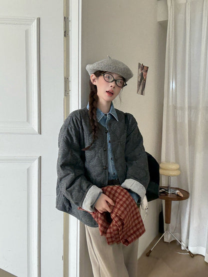 // 30%羊毛袖口拼接燈芯絨菱格夾棉外套