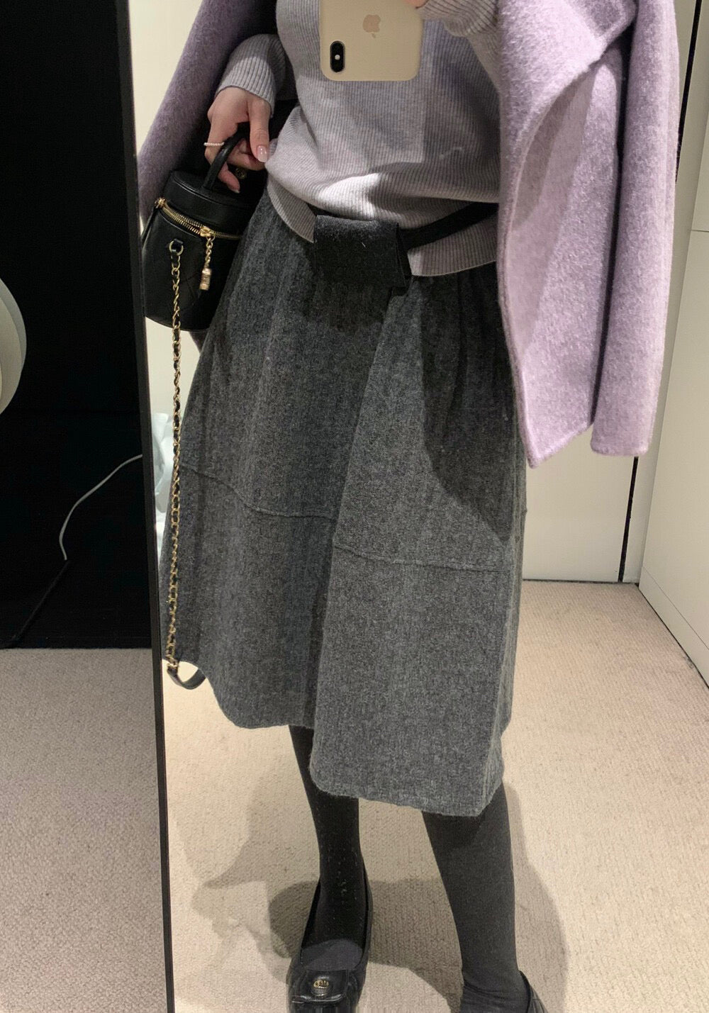 // 極遮肉暗竪紋五分毛呢裙