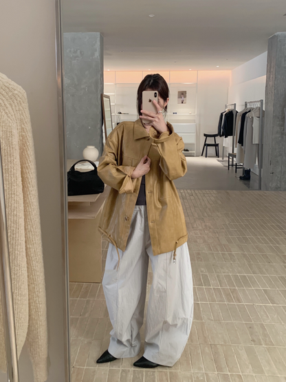 // 復古感美拉德翻領中長彷皮外套