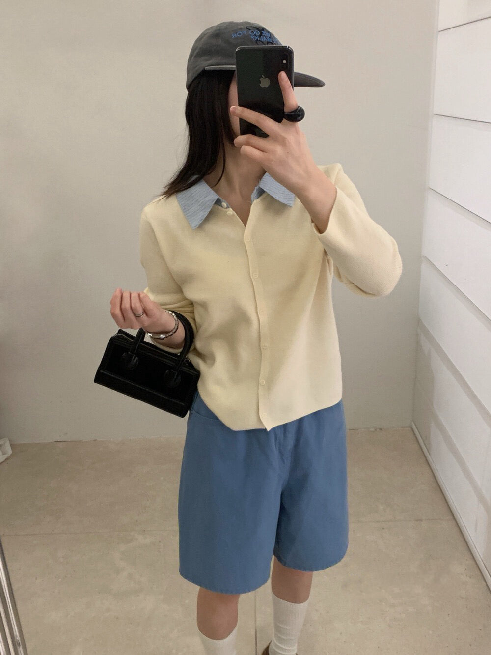 // 拼接間條恤衫領假兩件針織上衣