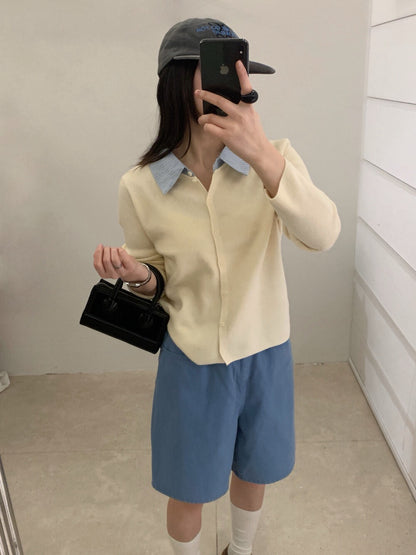 // 拼接間條恤衫領假兩件針織上衣