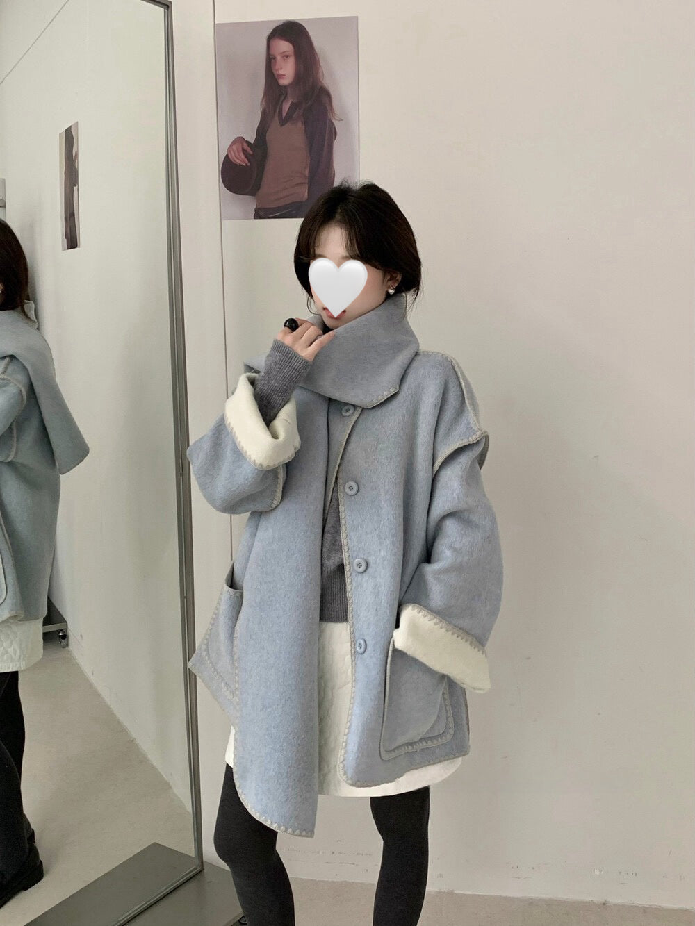 // 可雙面穿撞色縫邊70%羊毛外套(連頸巾)