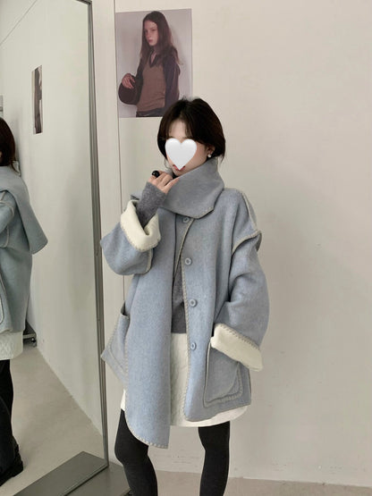 // 可雙面穿撞色縫邊70%羊毛外套(連頸巾)