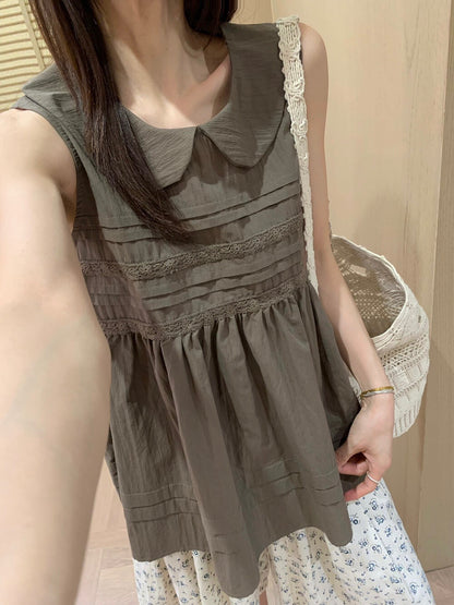 B73 / 娃娃領壓褶lace邊背心BL