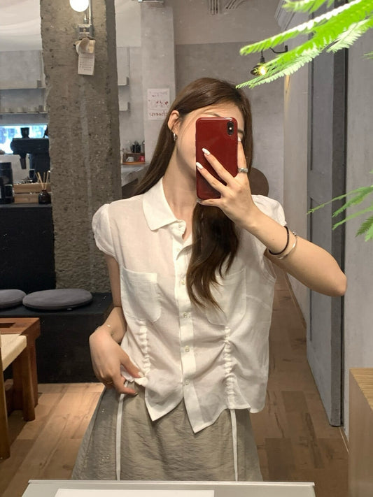 // lyocell麻兩邊抽繩小短袖口袋BL
