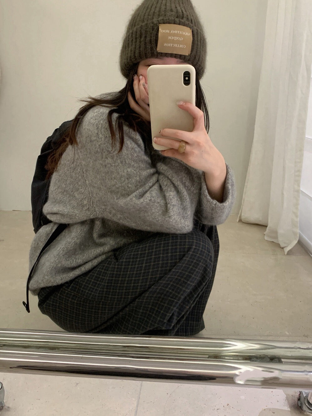 // 5%兔毛混針花線圓領卷邊毛衣