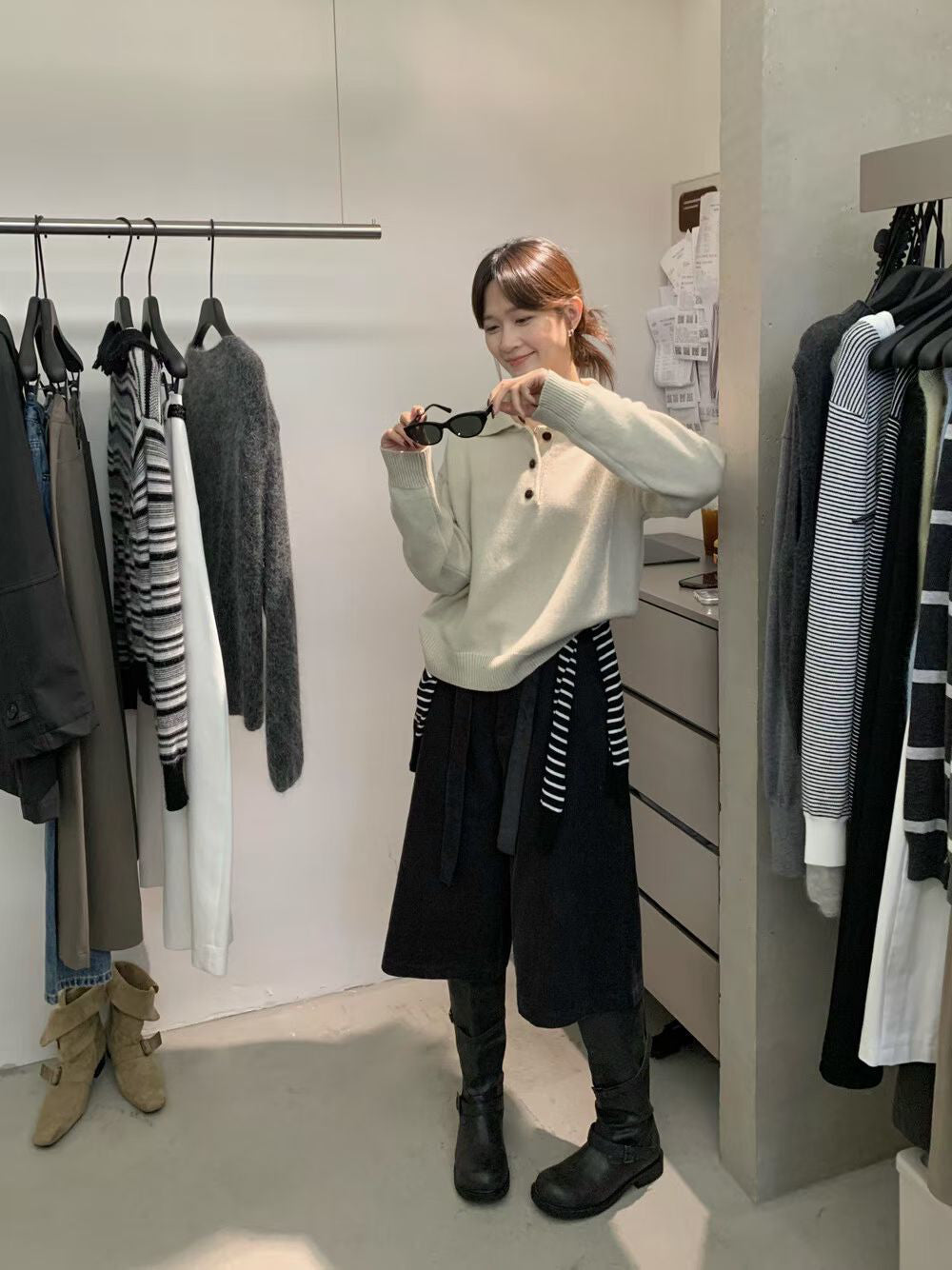 // 30%wool鈕扣直坑紋翻領毛衣